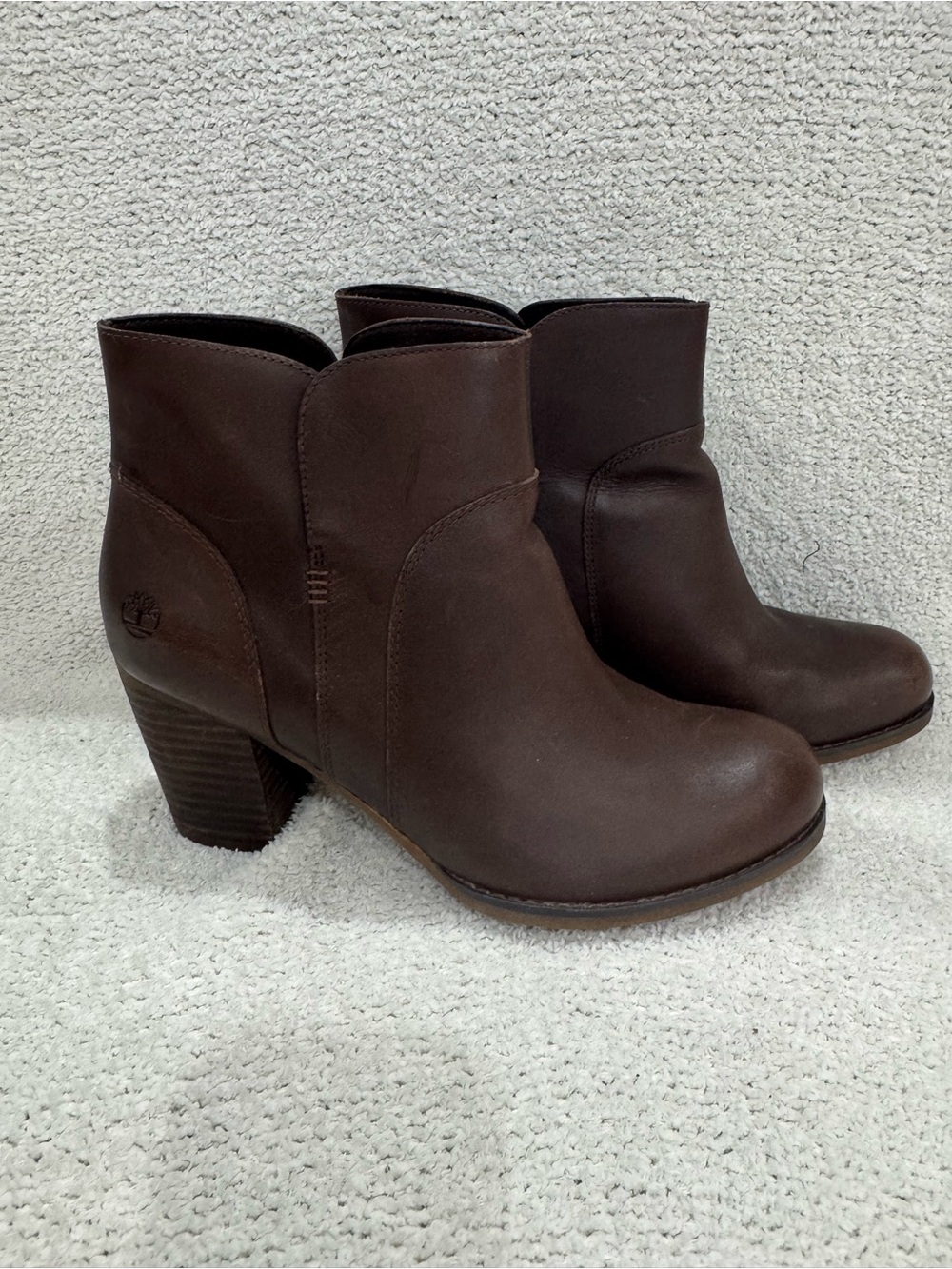 Timberland Dark Brown Leather Ankle Booties with Stacked Heel